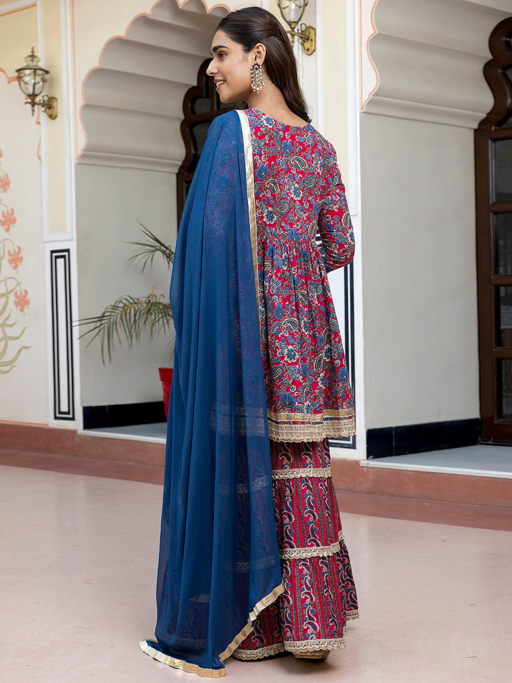 Janasya Women's Wine Cotton Ethnic Printed Festive Short Kurta Set