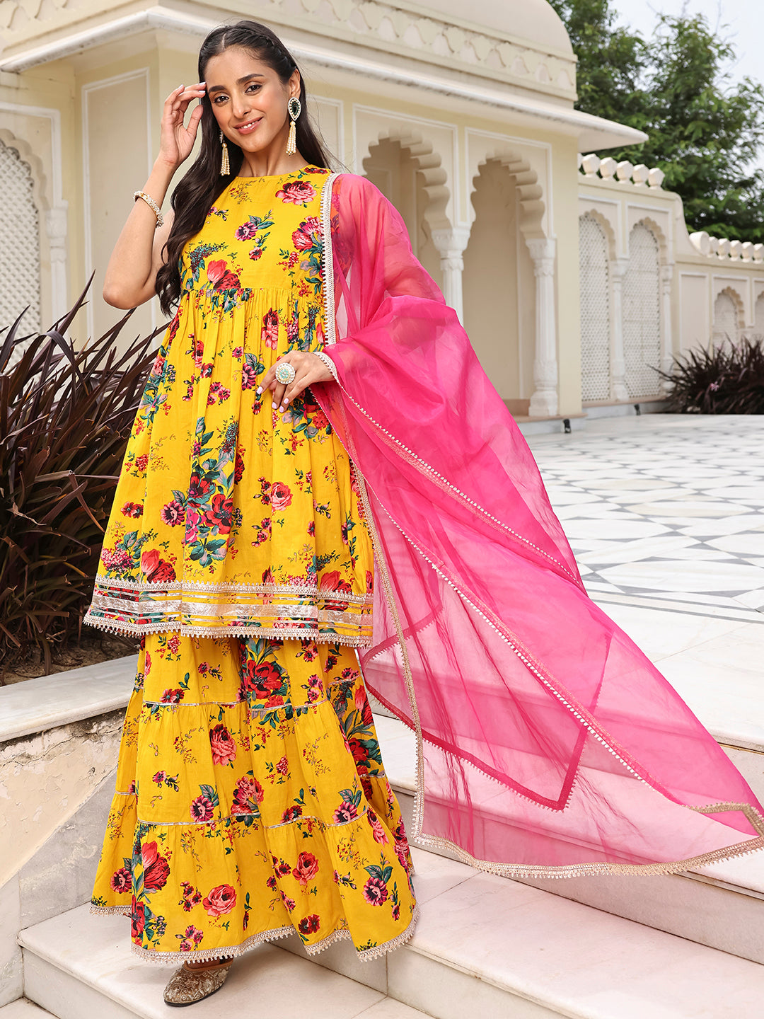 Janasya Women's Yellow Cotton Embellished Festive Flared Short Kurta Set