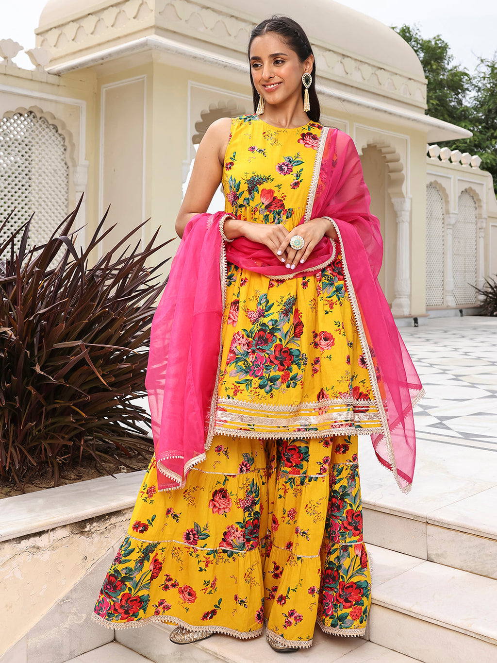 Janasya Women's Yellow Cotton Embellished Festive Flared Short Kurta Set