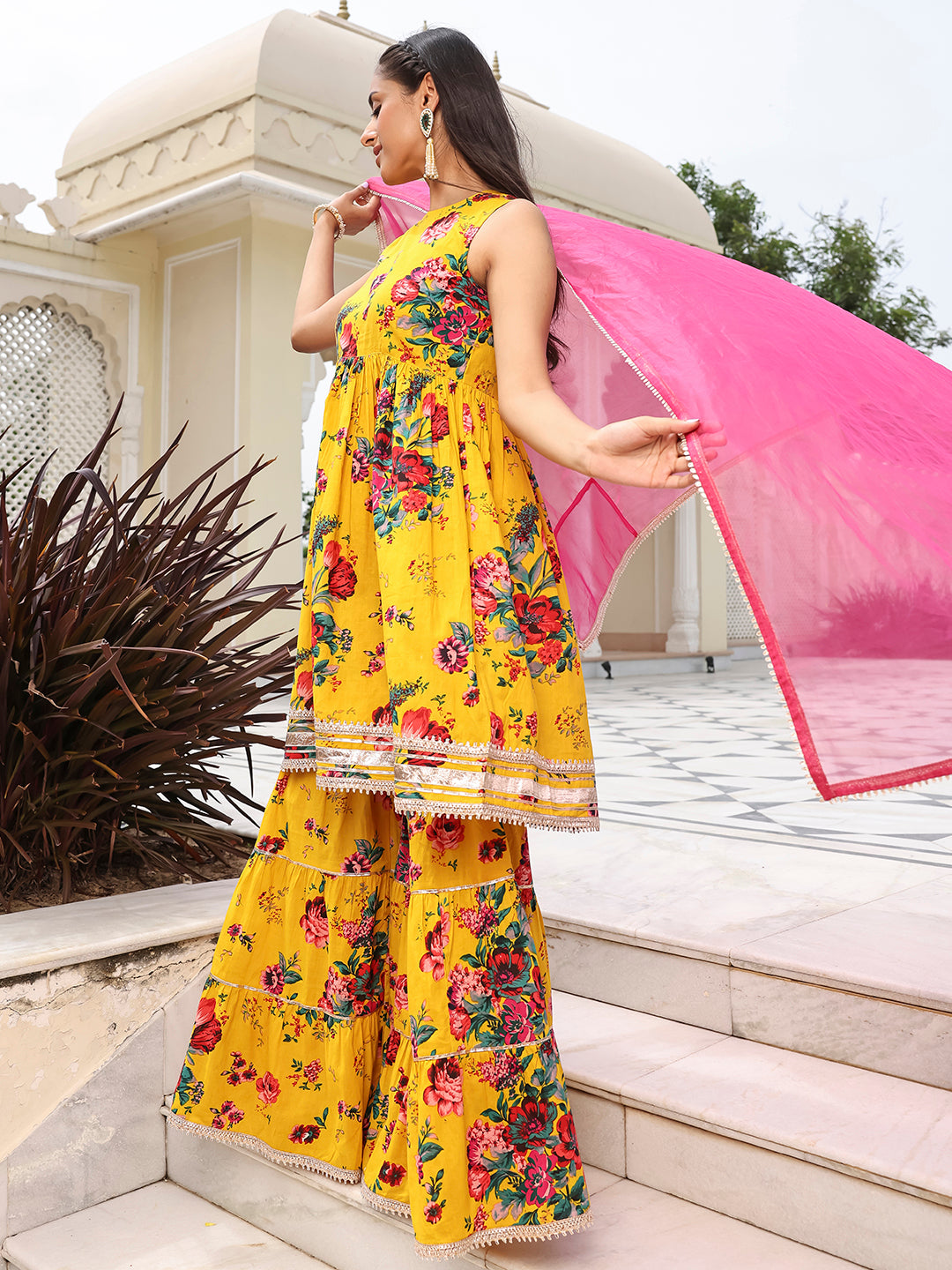 Janasya Women's Yellow Cotton Embellished Festive Flared Short Kurta Set