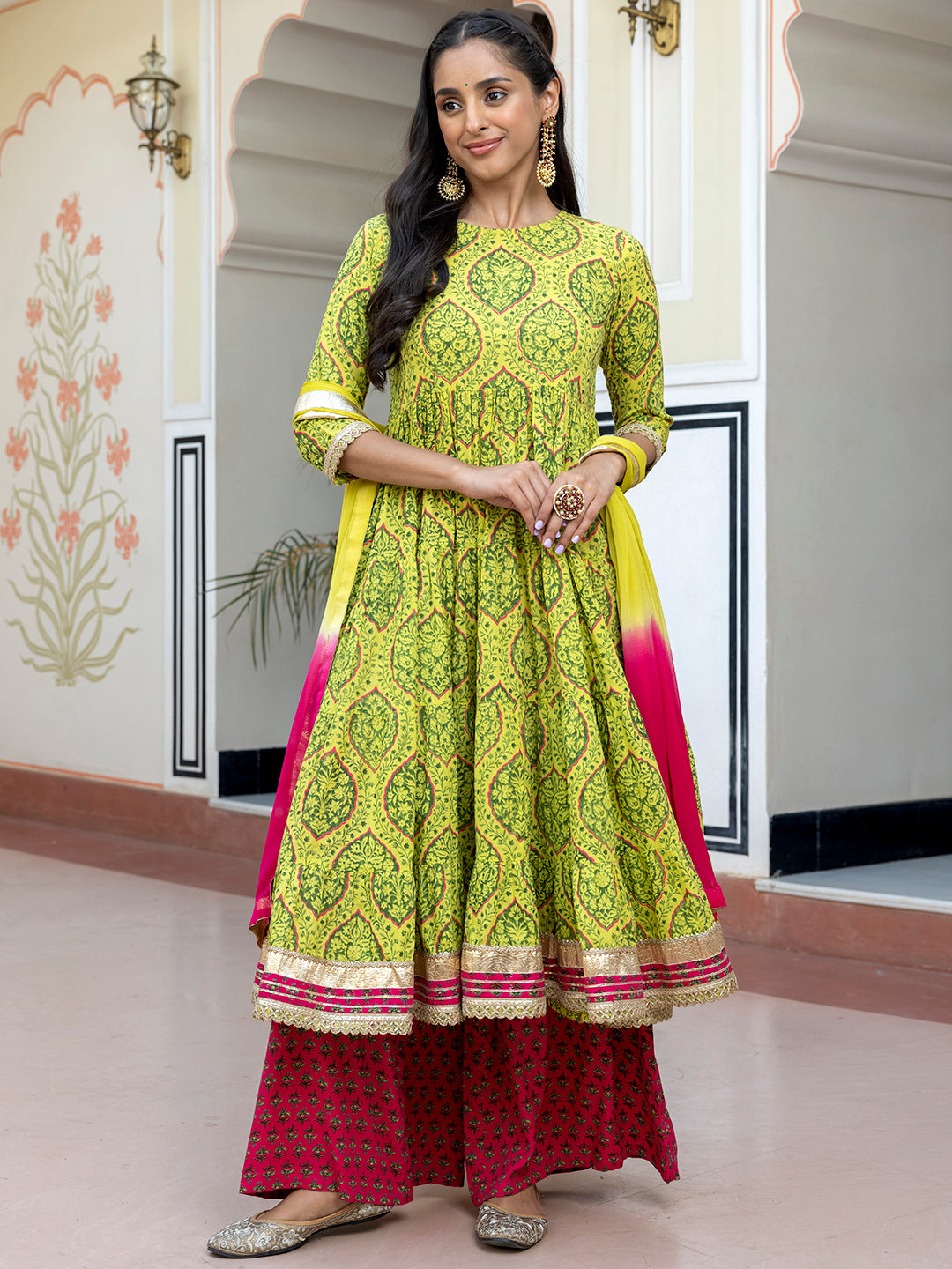 Janasya Women's Lime Green Cotton Embellished Floral Printed Festive Anarkali Kurta Set