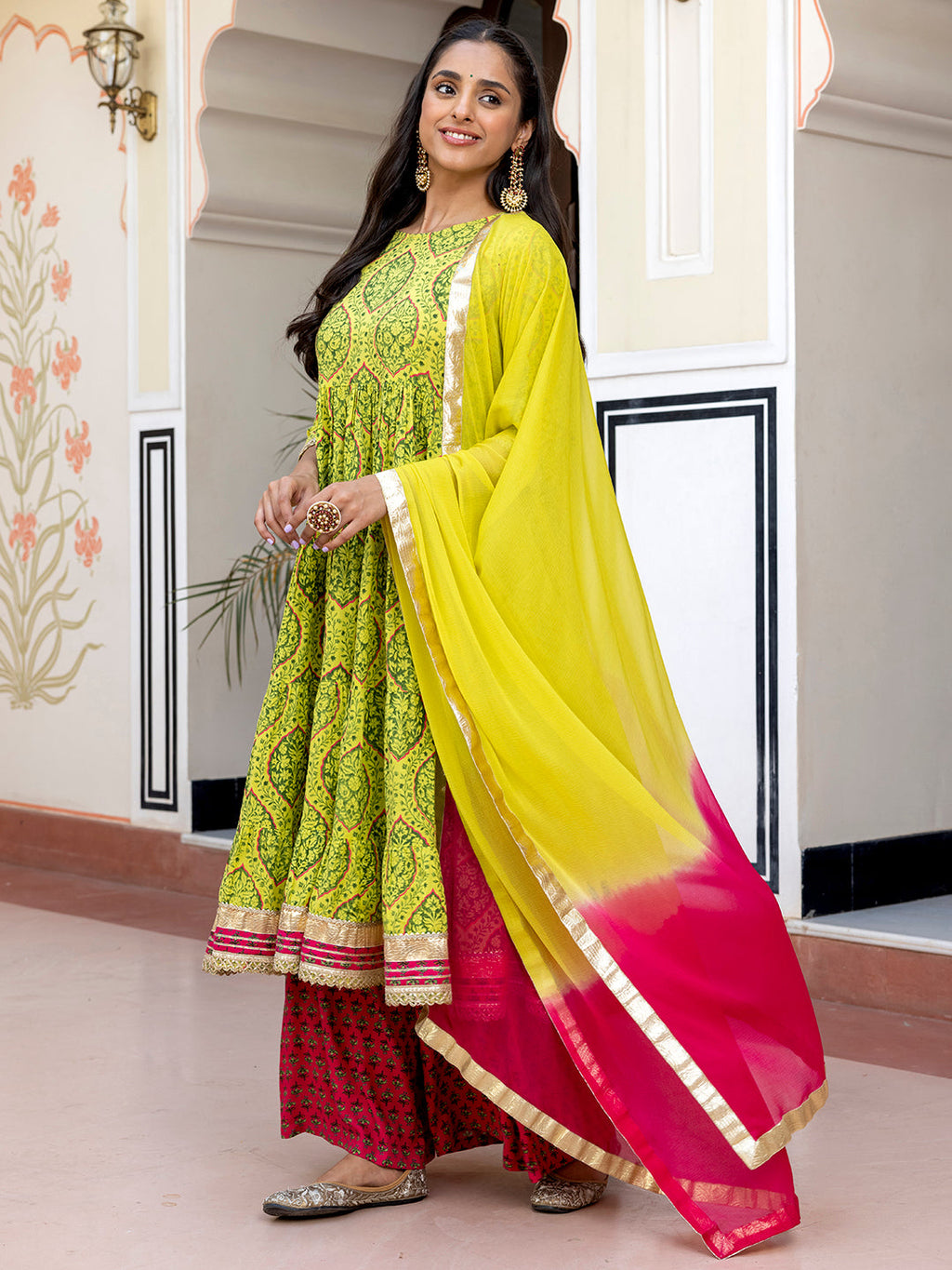 Janasya Women's Lime Green Cotton Embellished Floral Printed Festive Anarkali Kurta Set