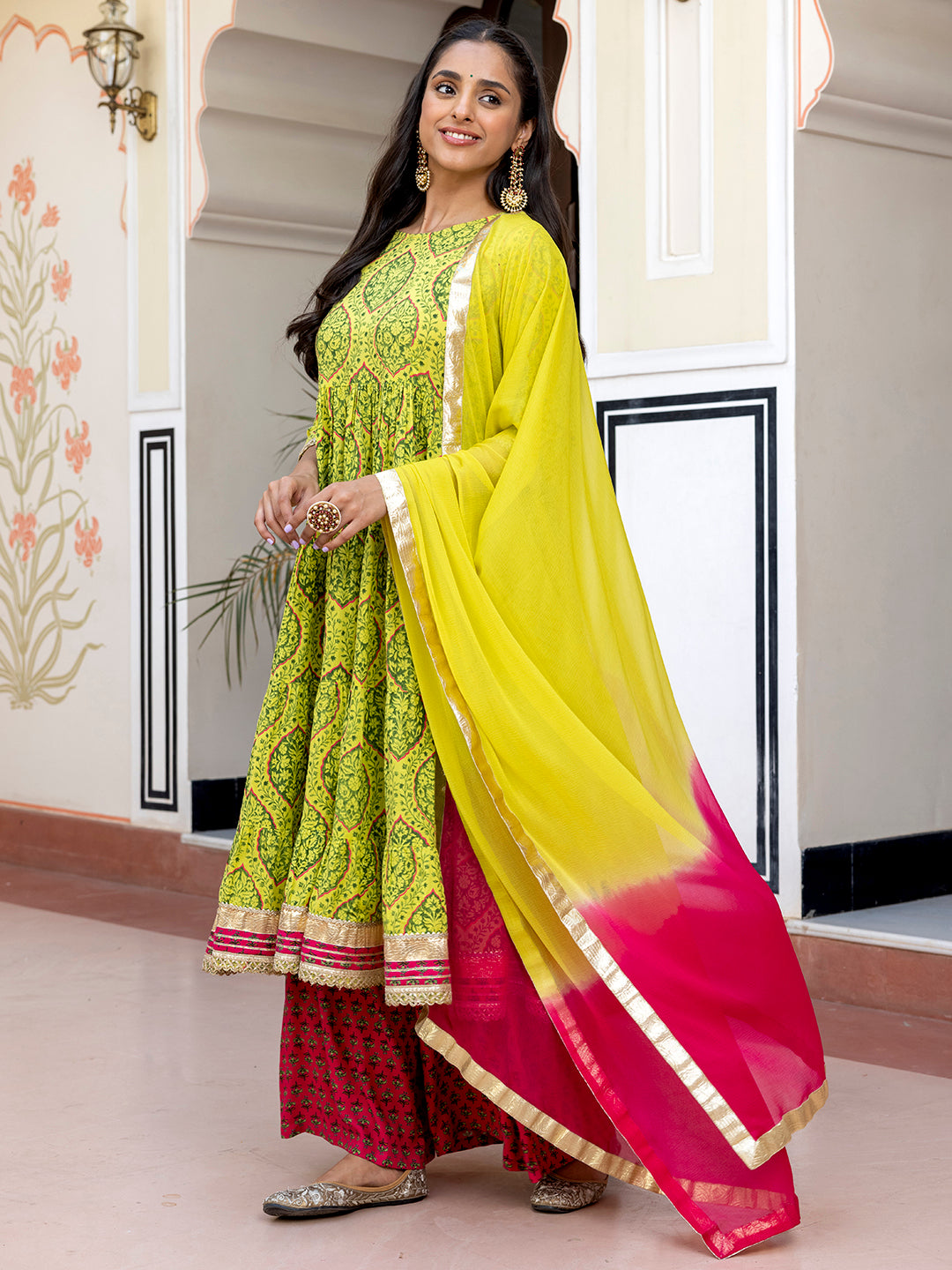 Janasya Women's Lime Green Cotton Embellished Floral Printed Festive Anarkali Kurta Set