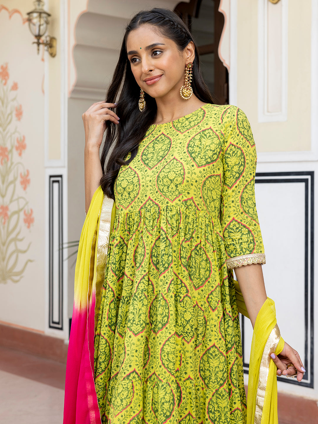 Janasya Women's Lime Green Cotton Embellished Floral Printed Festive Anarkali Kurta Set