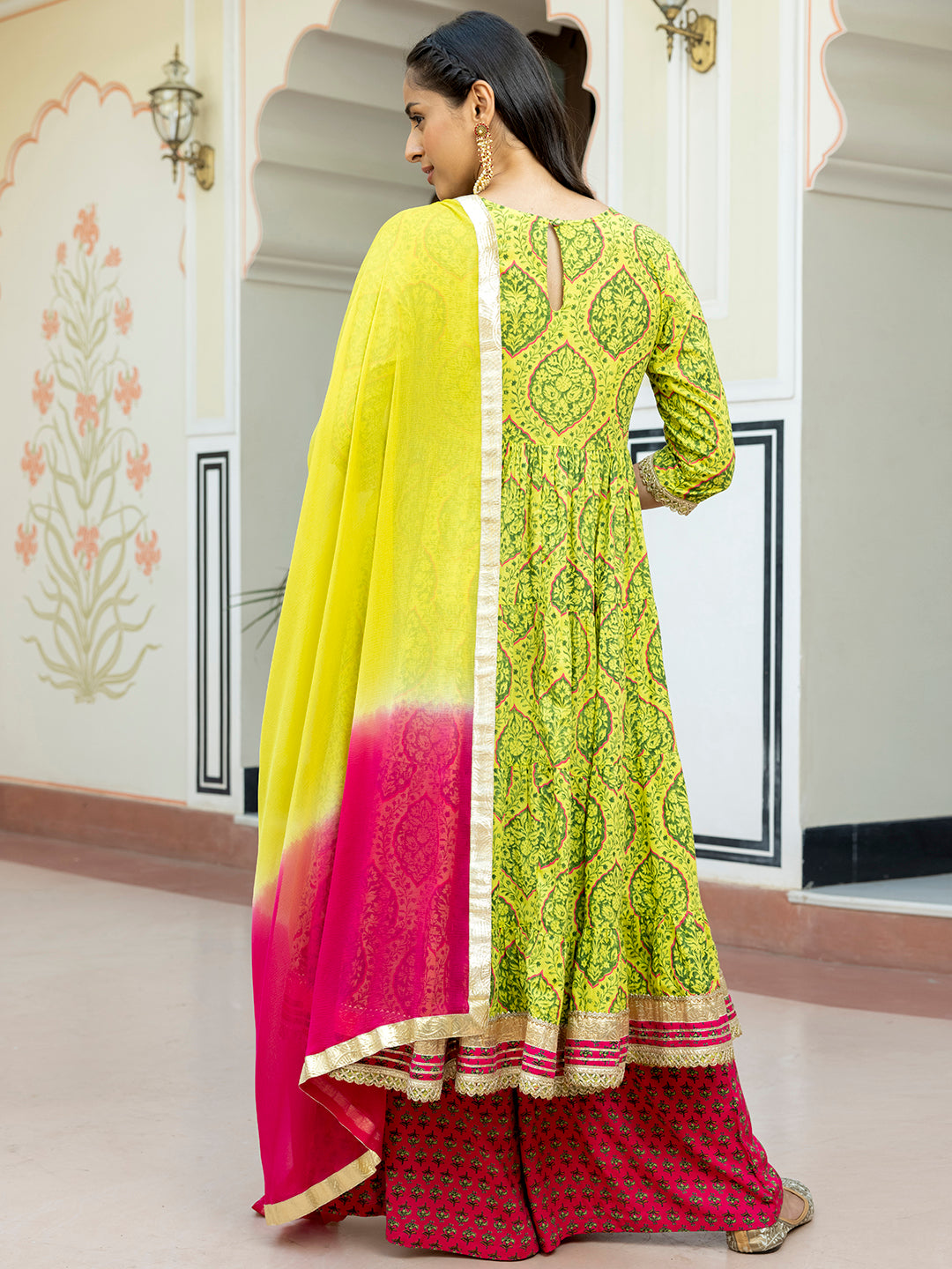 Janasya Women's Lime Green Cotton Embellished Floral Printed Festive Anarkali Kurta Set