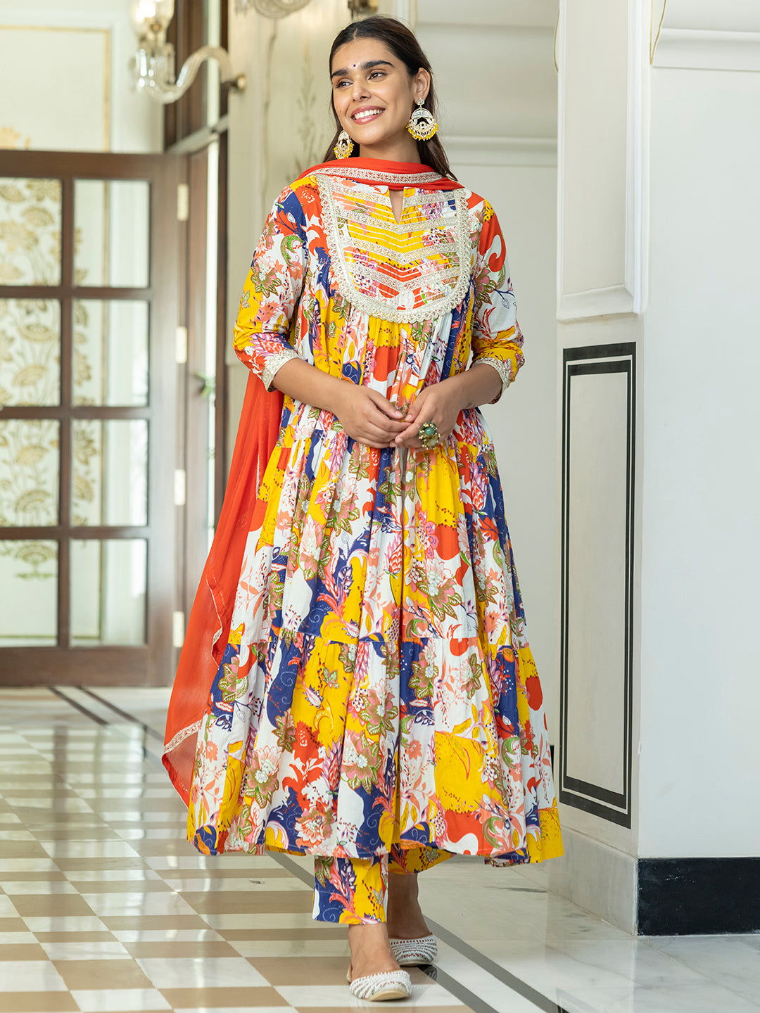Janasya Women's Multicolor Cotton Embellished Floral Printed Festive Anarkali Kurta Set