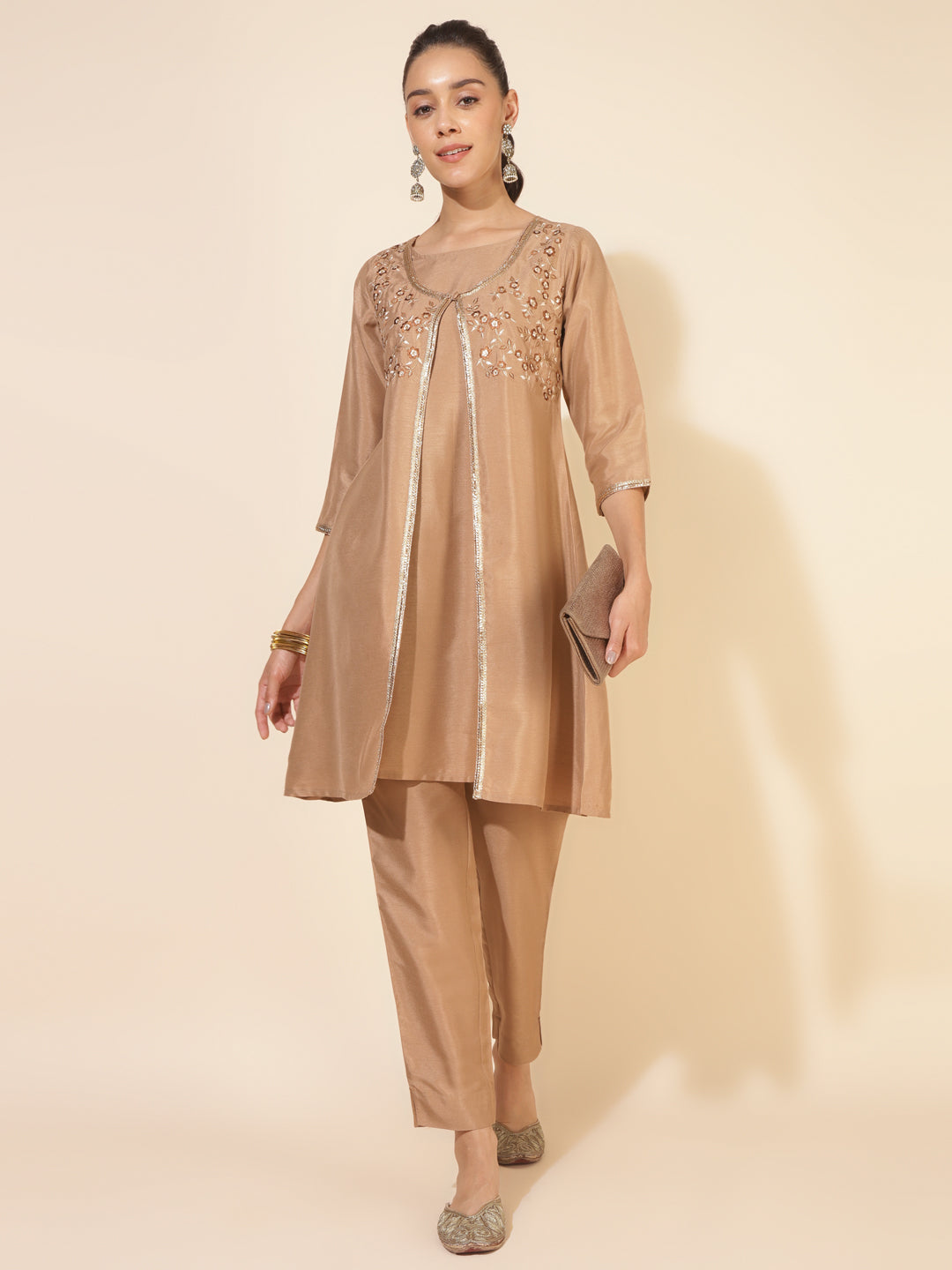 Janasya Beige Crepe Silk Embellished Set