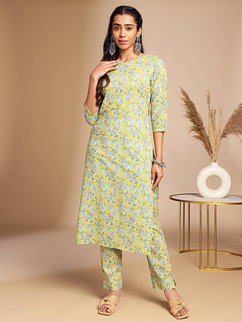 Janasya Light Green Cotton Floral Straight Co-ord Set