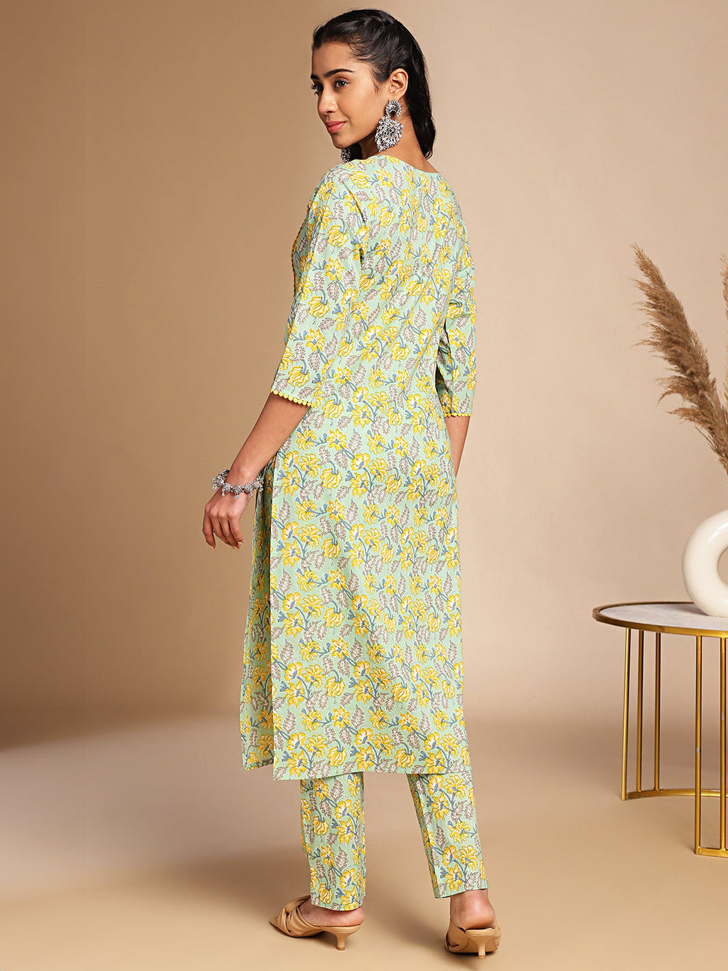 Janasya Light Green Cotton Floral Straight Co-ord Set