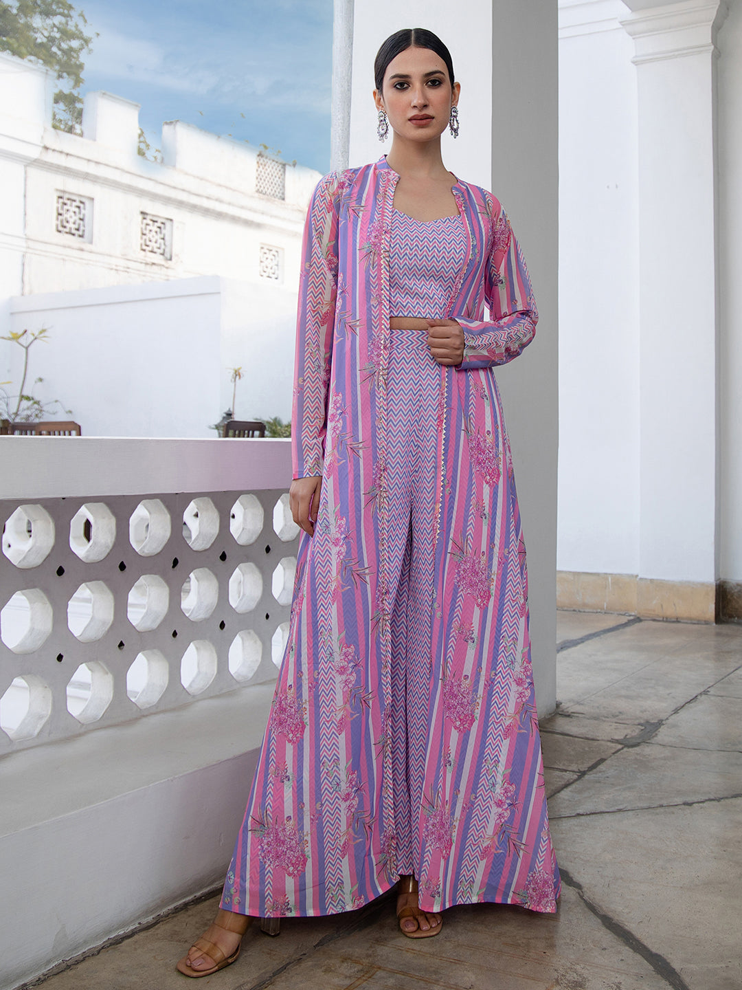 Janasya Lavender Georgette Chevron Regular Co-ord Set