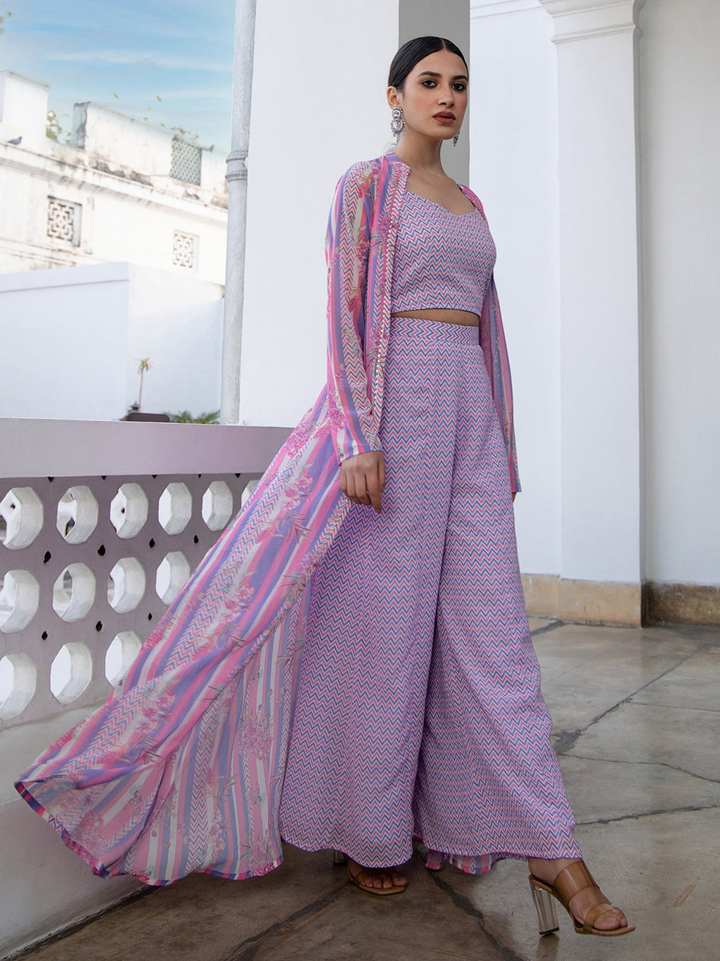 Janasya Lavender Georgette Chevron Regular Co-ord Set