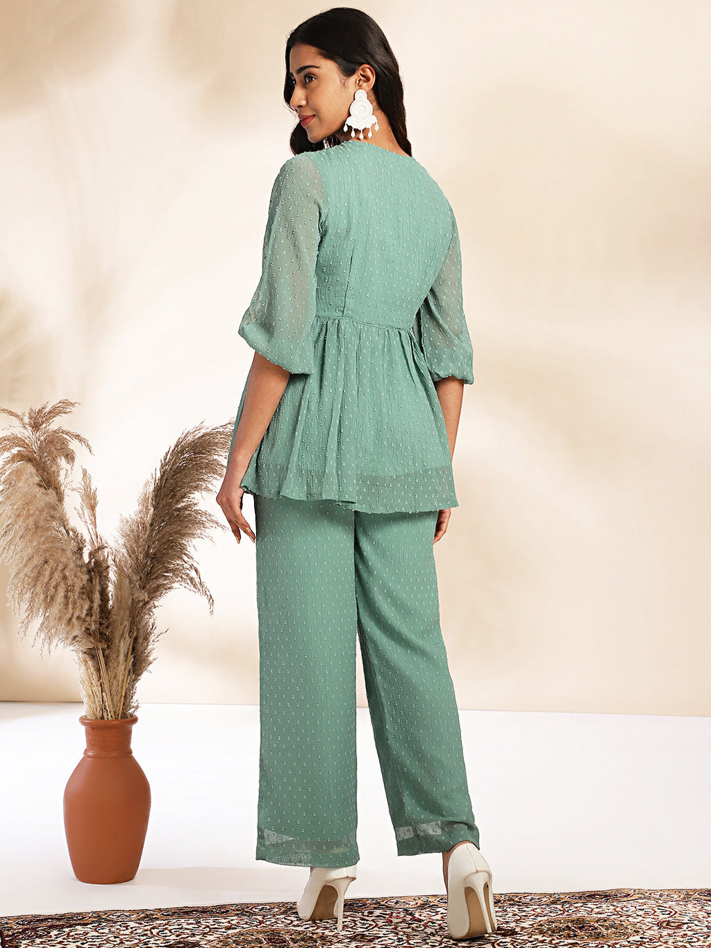 Janasya Sage Dobby Chiffon Woven Design Peplum Top & Bottom Set