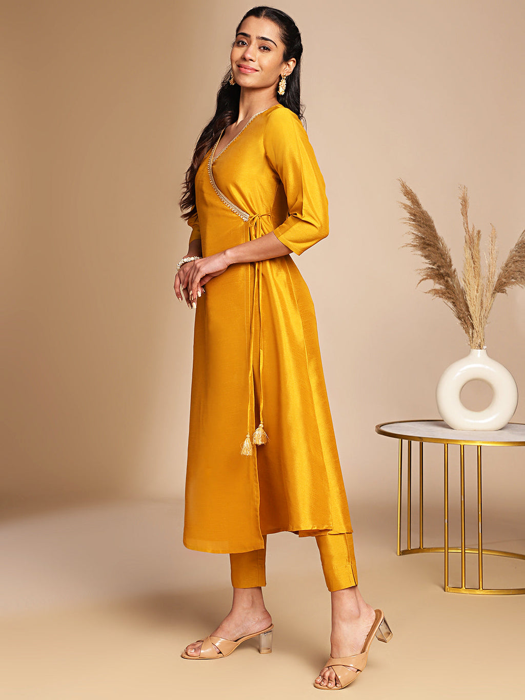 Janasya Mustard Crepe Silk Solid Wrap Kurta Set