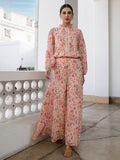 Janasya Beige Georgette Floral Regular Top & Bottom Set