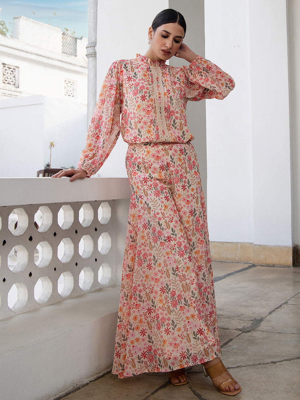 Janasya Beige Georgette Floral Regular Top & Bottom Set