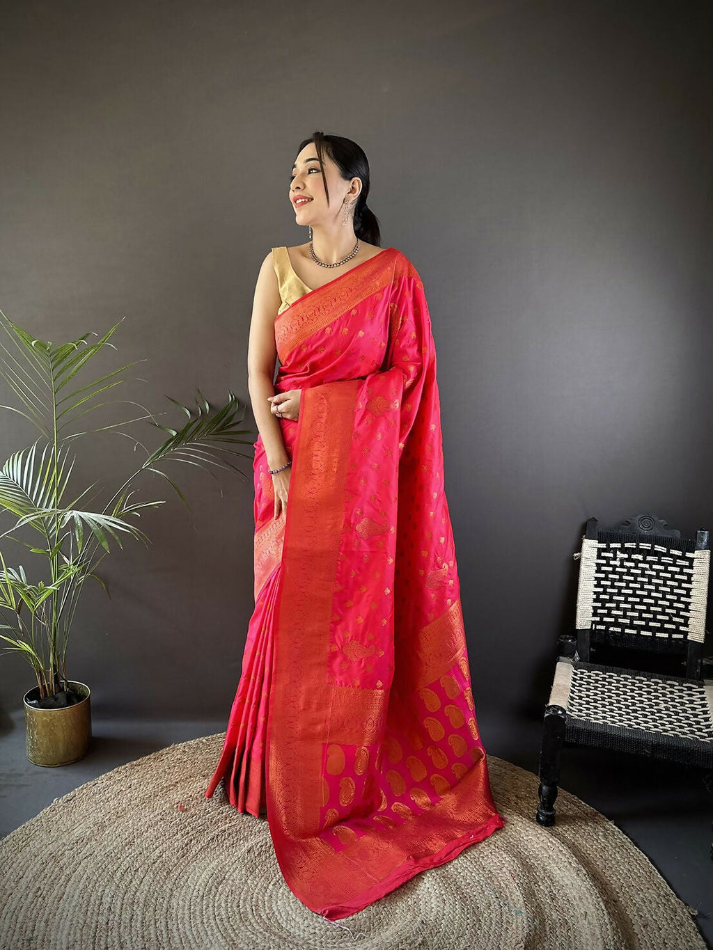 Joban Fashion Banarasi Hot Pink Woven Soft Silk Saree