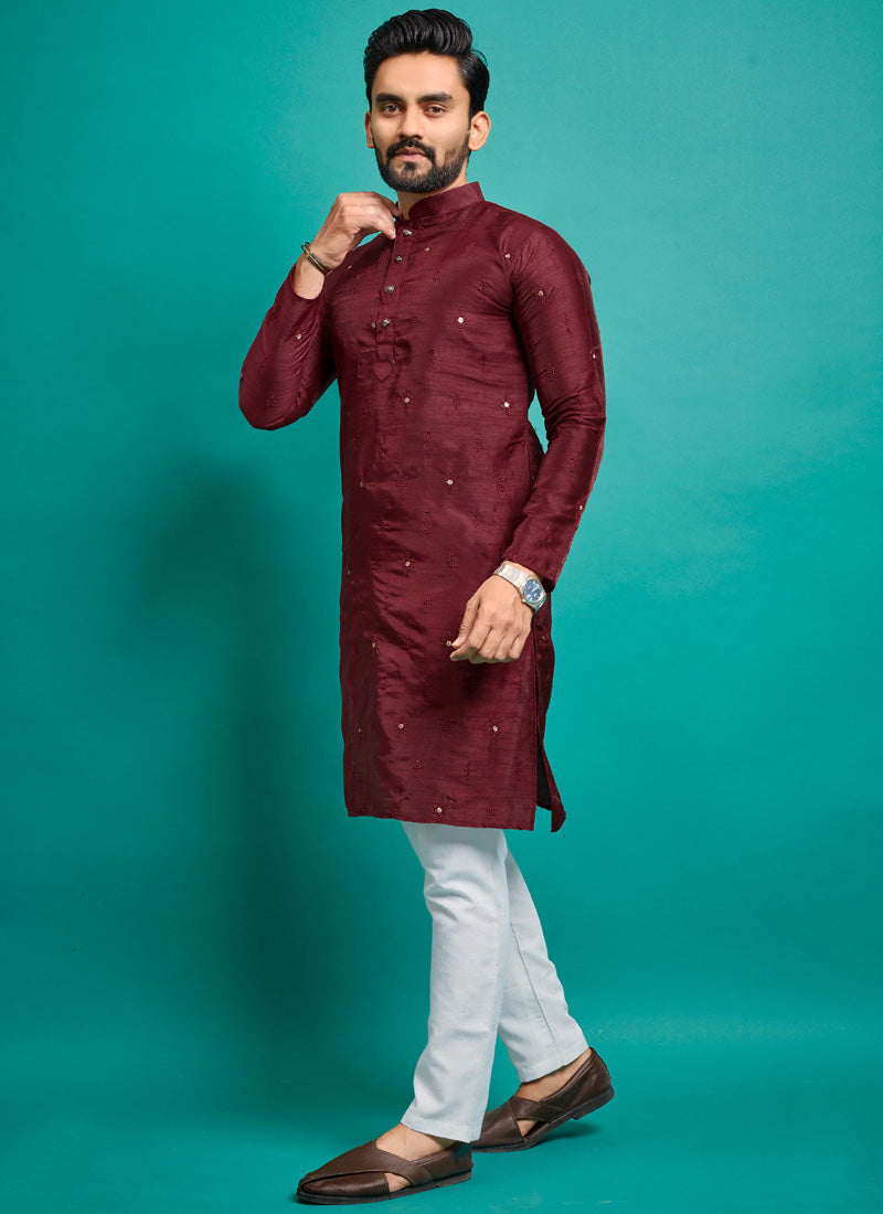 Prazu Fashion Maroon Silk Embroidered Kurta With Pajama