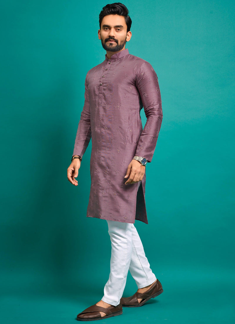 Prazu Fashion Onion Pink Silk Embroidered Kurta With Pajama