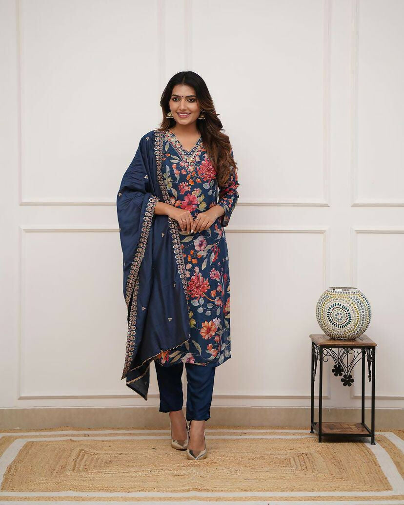 The52 Blue Women's Gorgeous Printed Pure Russian Silk Fabric Straight Kurta Pant with Dupatta Set