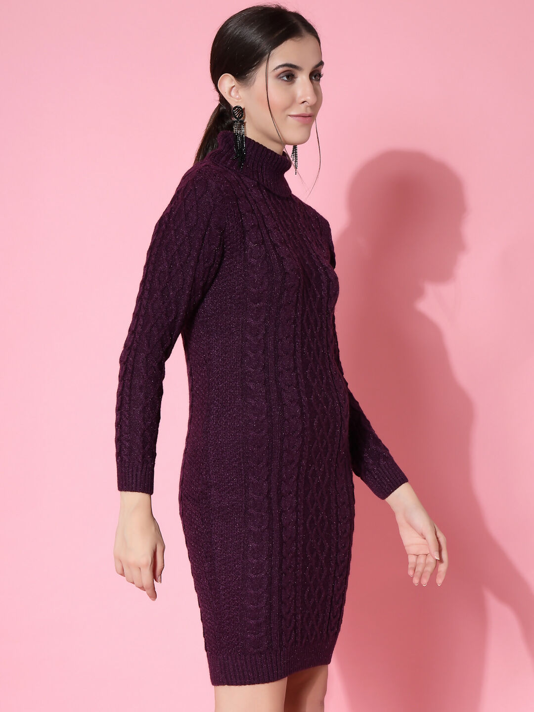 Women Purple Acrylic Self Design Winter Dress - Wool Trees