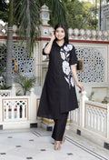 Miravan Women's Black Pure Cotton Floral Embroidered High Low Co-Ord Set