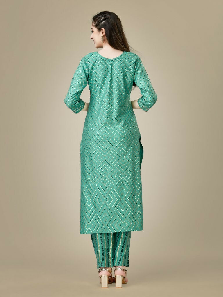 Jyoti Fashion Women's Pista Green Rayon Embroidered Kurta Pant Set