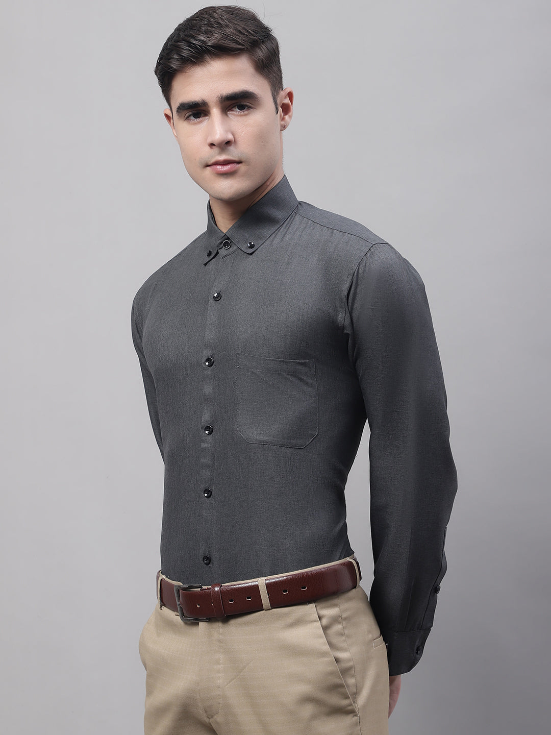 Jainish Men's Charcoal Cotton Solid Formal Shirt