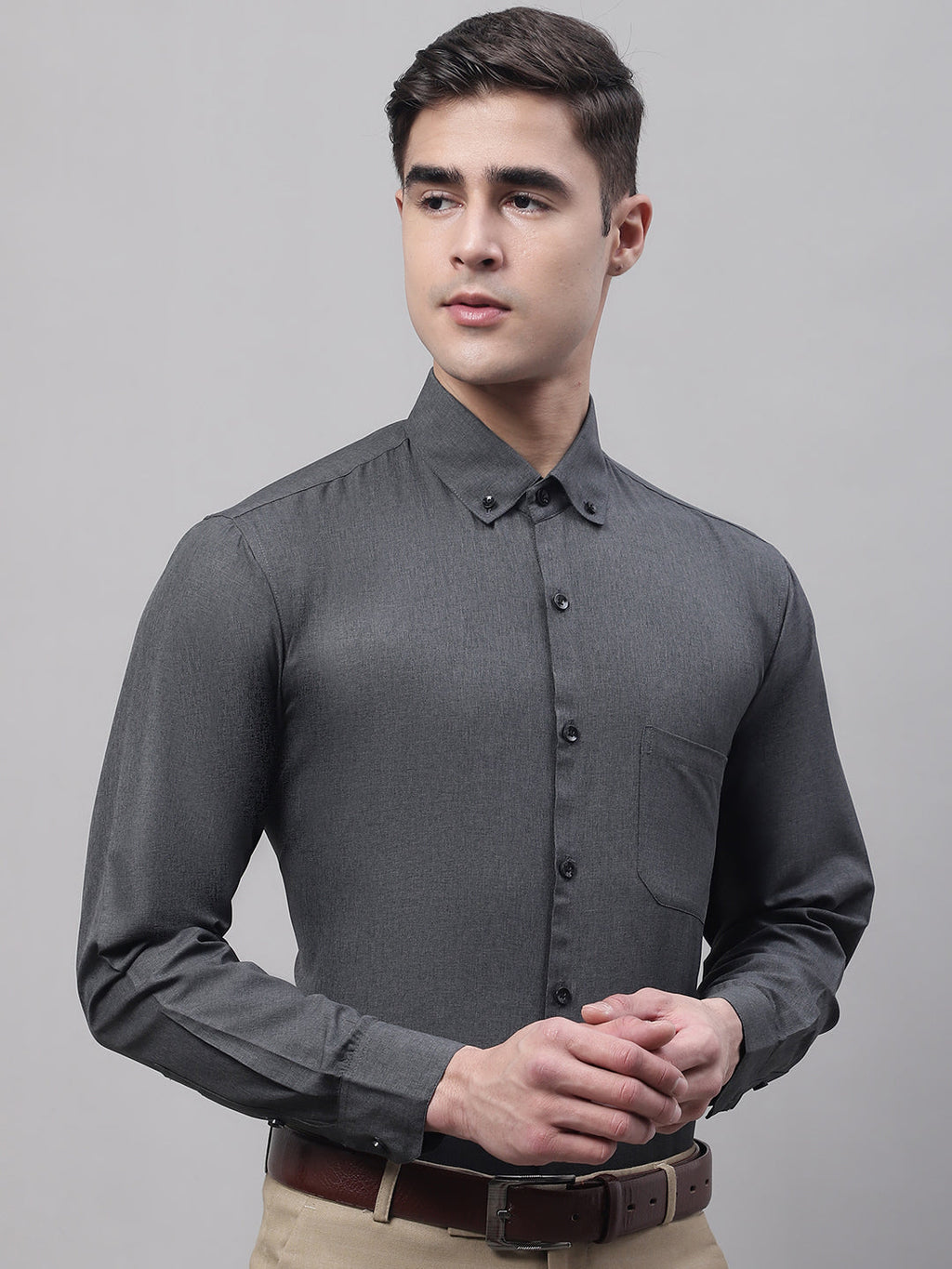 Jainish Men's Charcoal Cotton Solid Formal Shirt