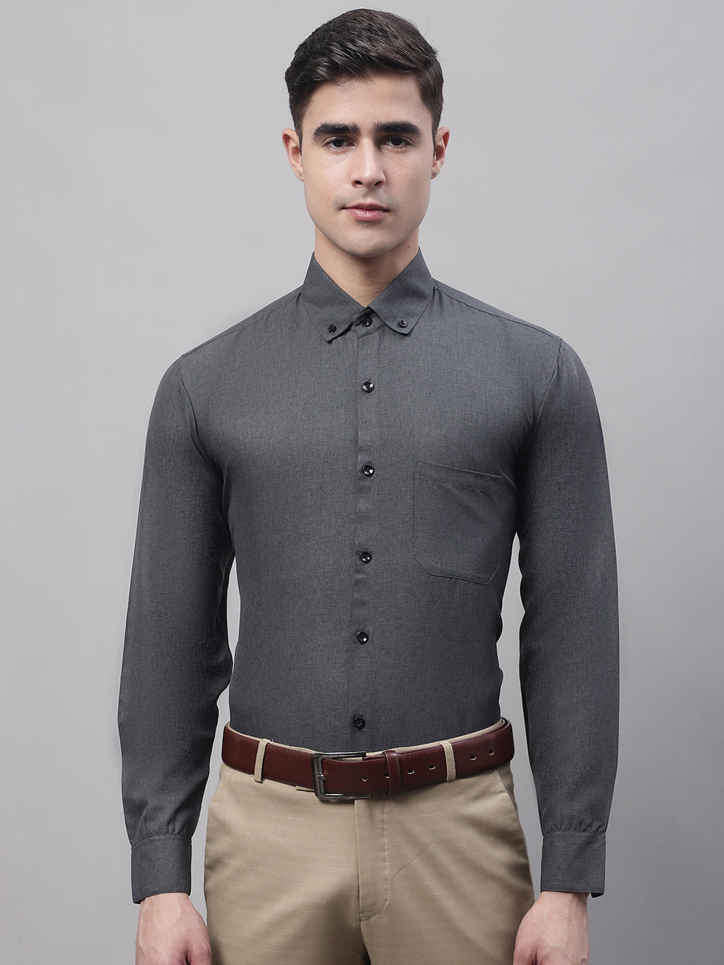 Jainish Men's Charcoal Cotton Solid Formal Shirt