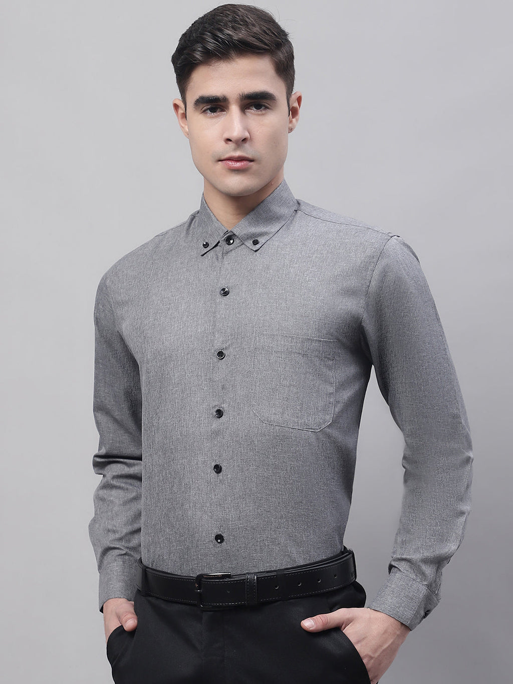 Jainish Men's Dark-Grey Cotton Solid Formal Shirt