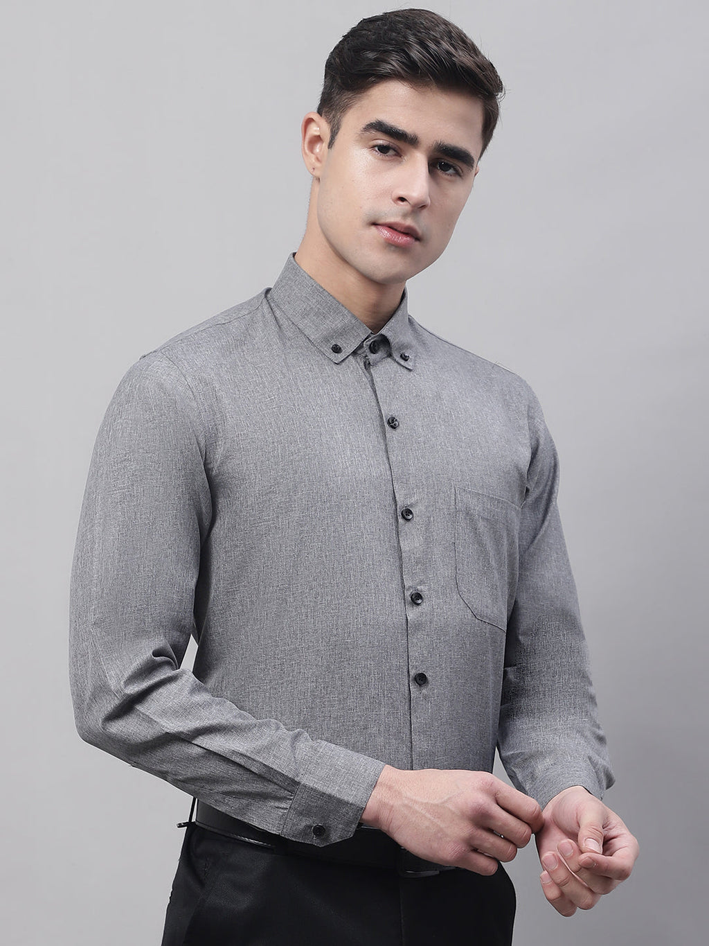 Jainish Men's Dark-Grey Cotton Solid Formal Shirt