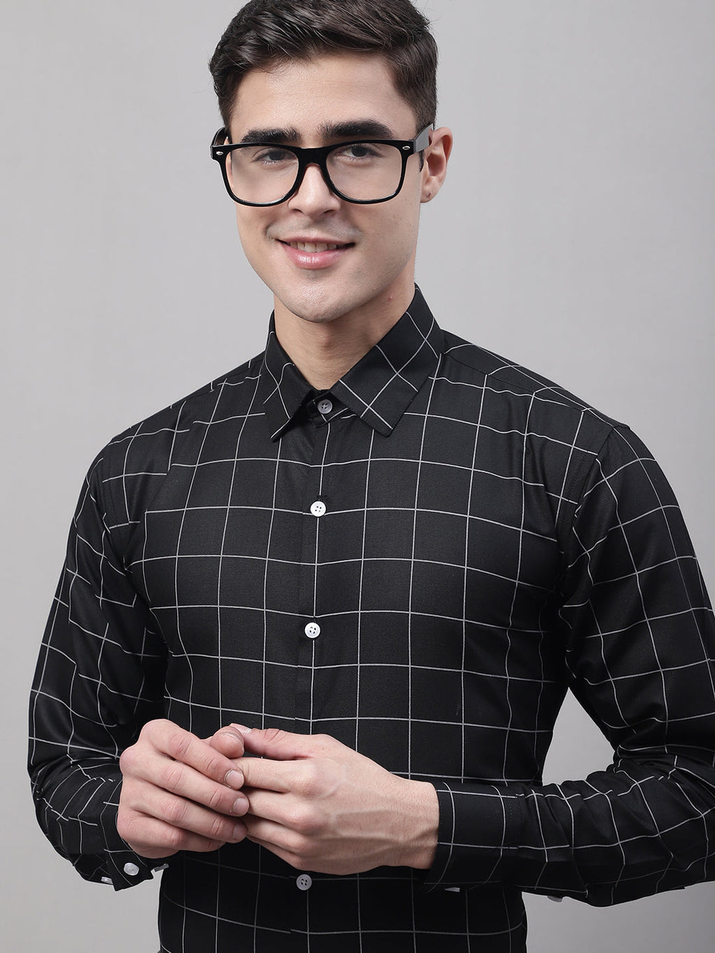 Jainish Men's Black Cotton Checked Formal Shirt