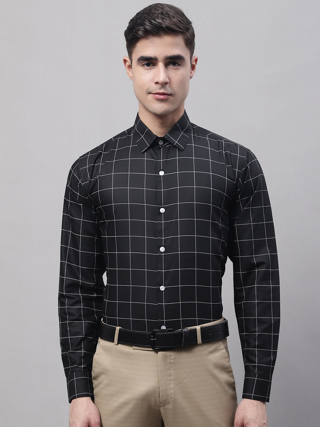 Jainish Men's Black Cotton Checked Formal Shirt
