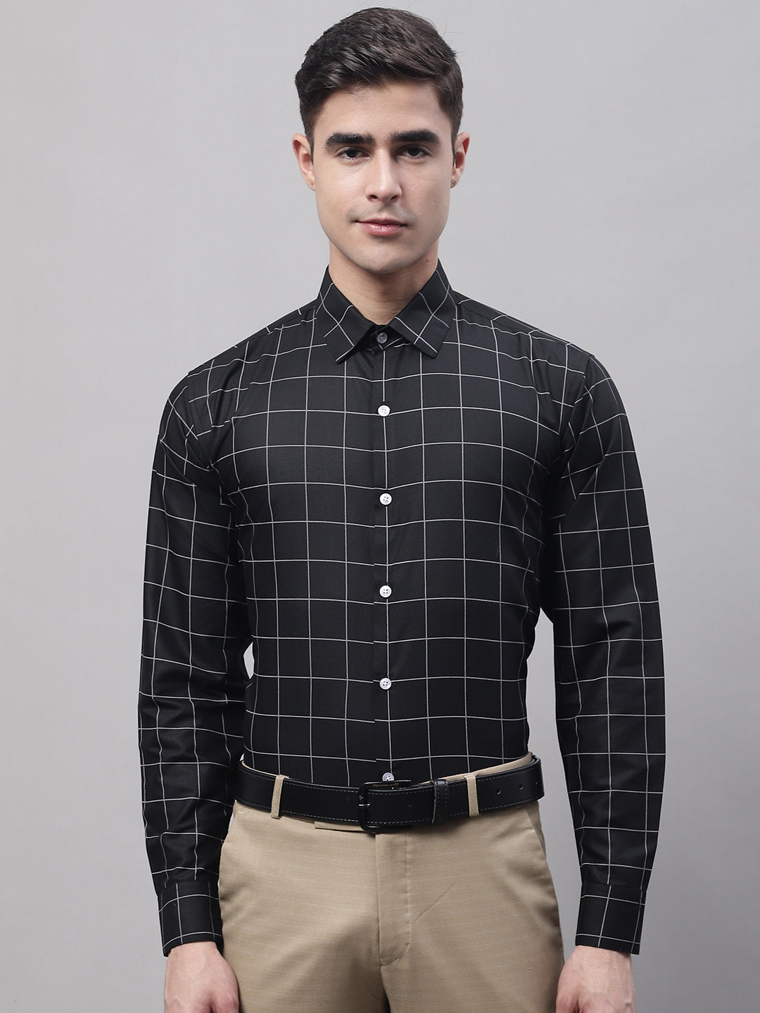 Jainish Men's Black Cotton Checked Formal Shirt
