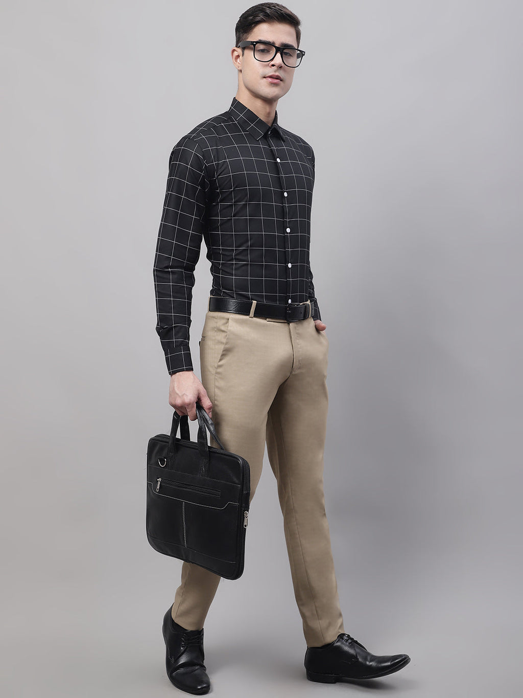 Jainish Men's Black Cotton Checked Formal Shirt