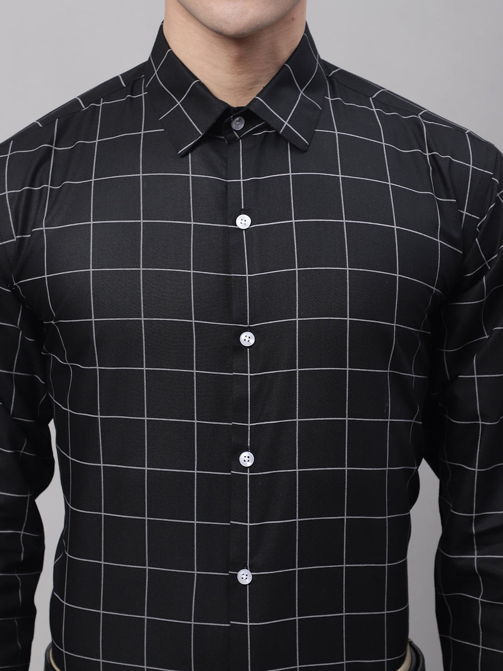 Jainish Men's Black Cotton Checked Formal Shirt