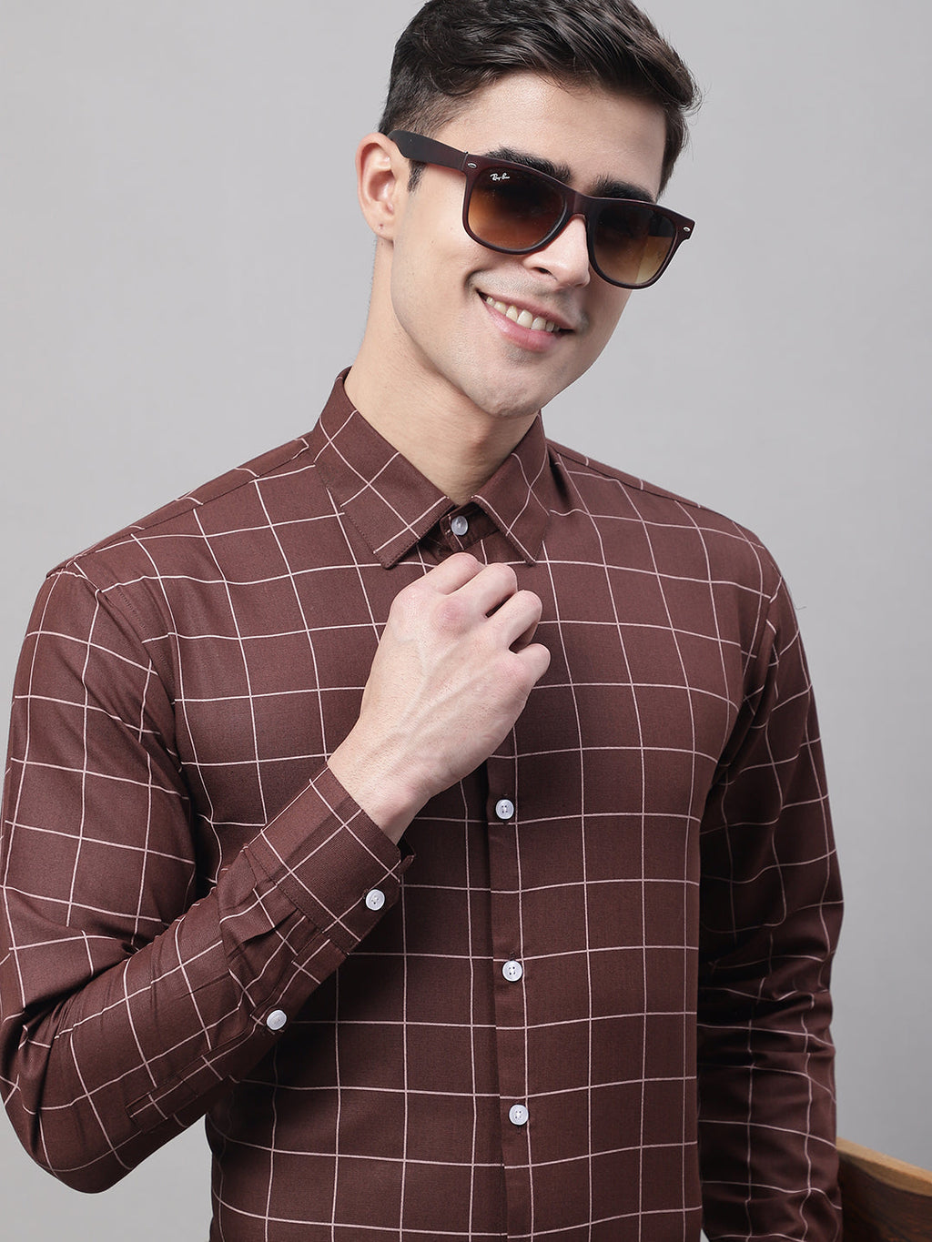 Jainish Men's Brown Cotton Checked Formal Shirt