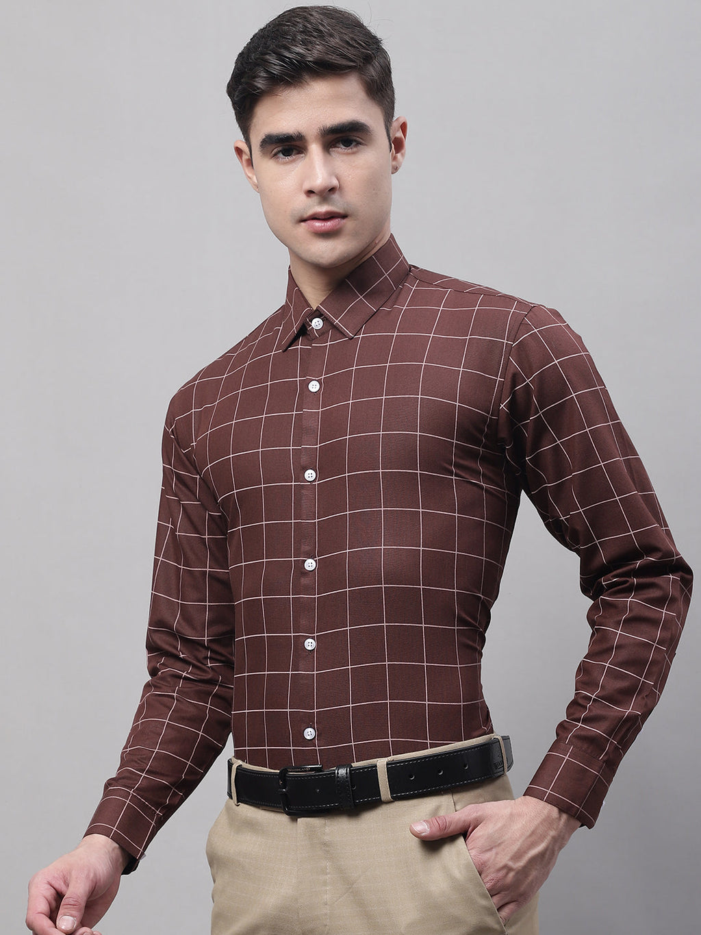 Jainish Men's Brown Cotton Checked Formal Shirt