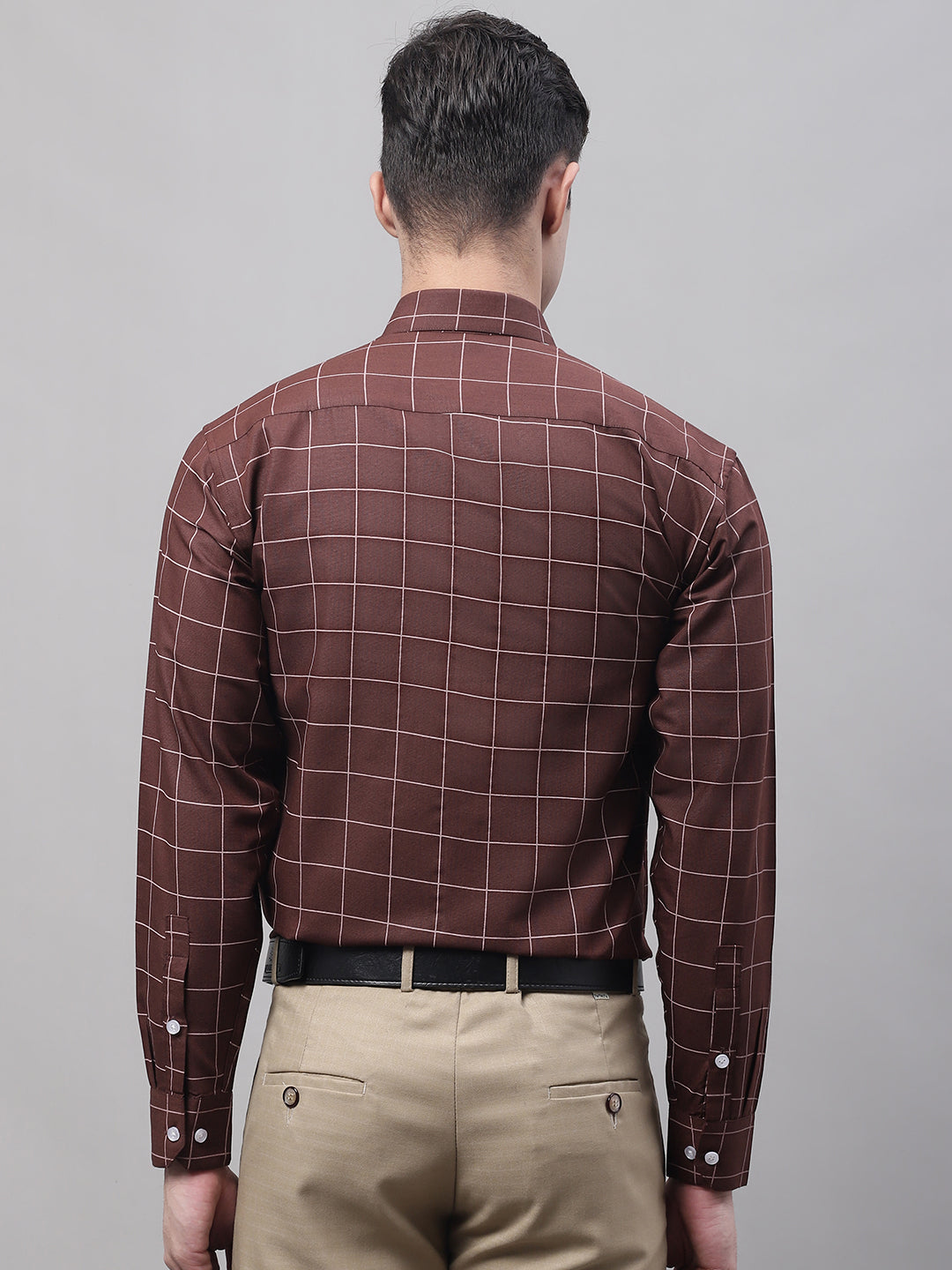 Jainish Men's Brown Cotton Checked Formal Shirt
