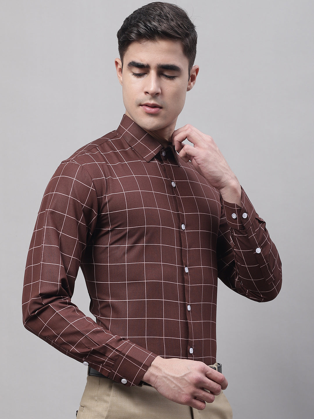 Jainish Men's Brown Cotton Checked Formal Shirt