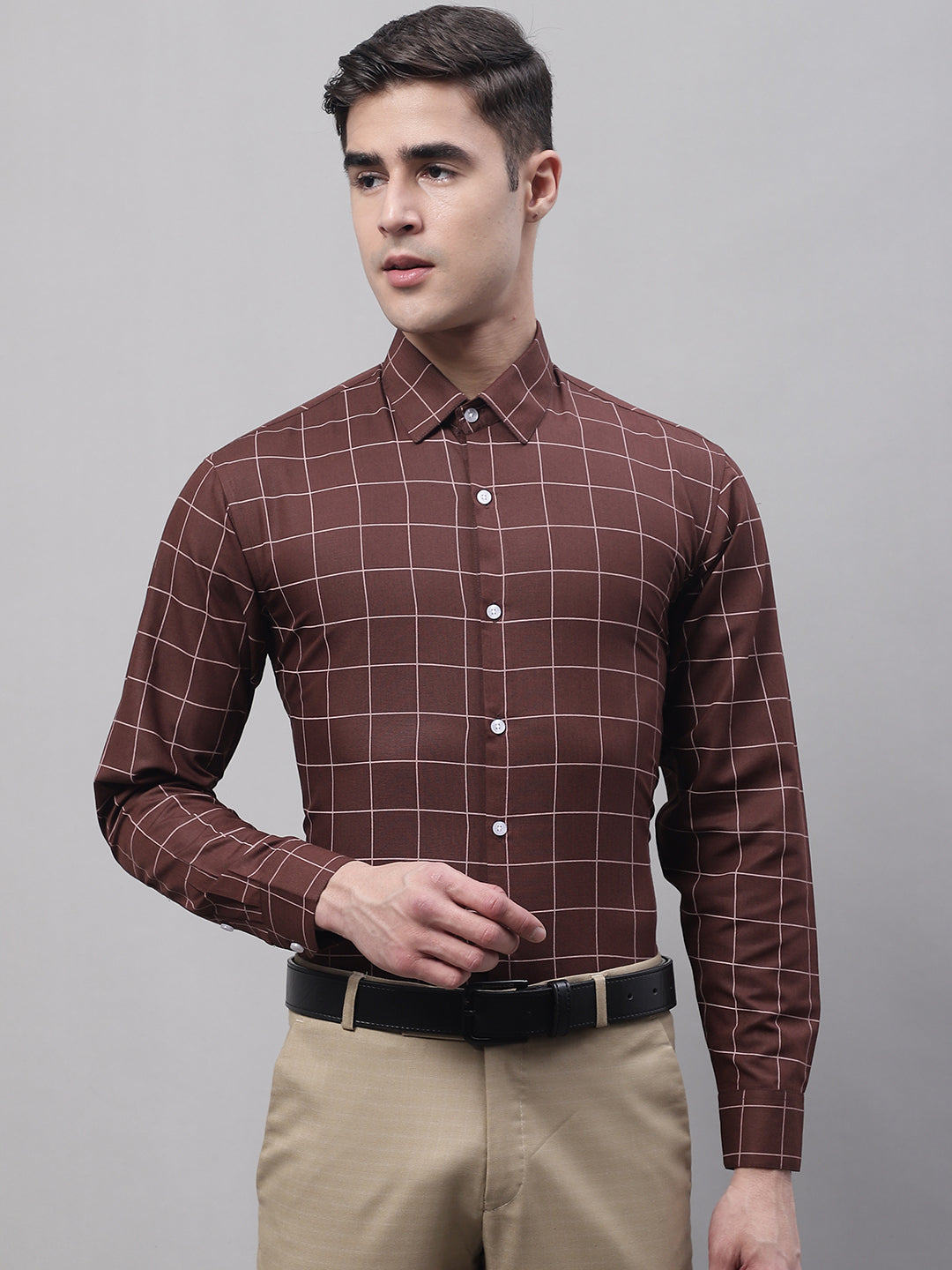 Jainish Men's Brown Cotton Checked Formal Shirt