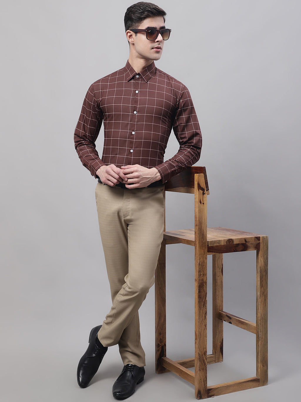 Jainish Men's Brown Cotton Checked Formal Shirt