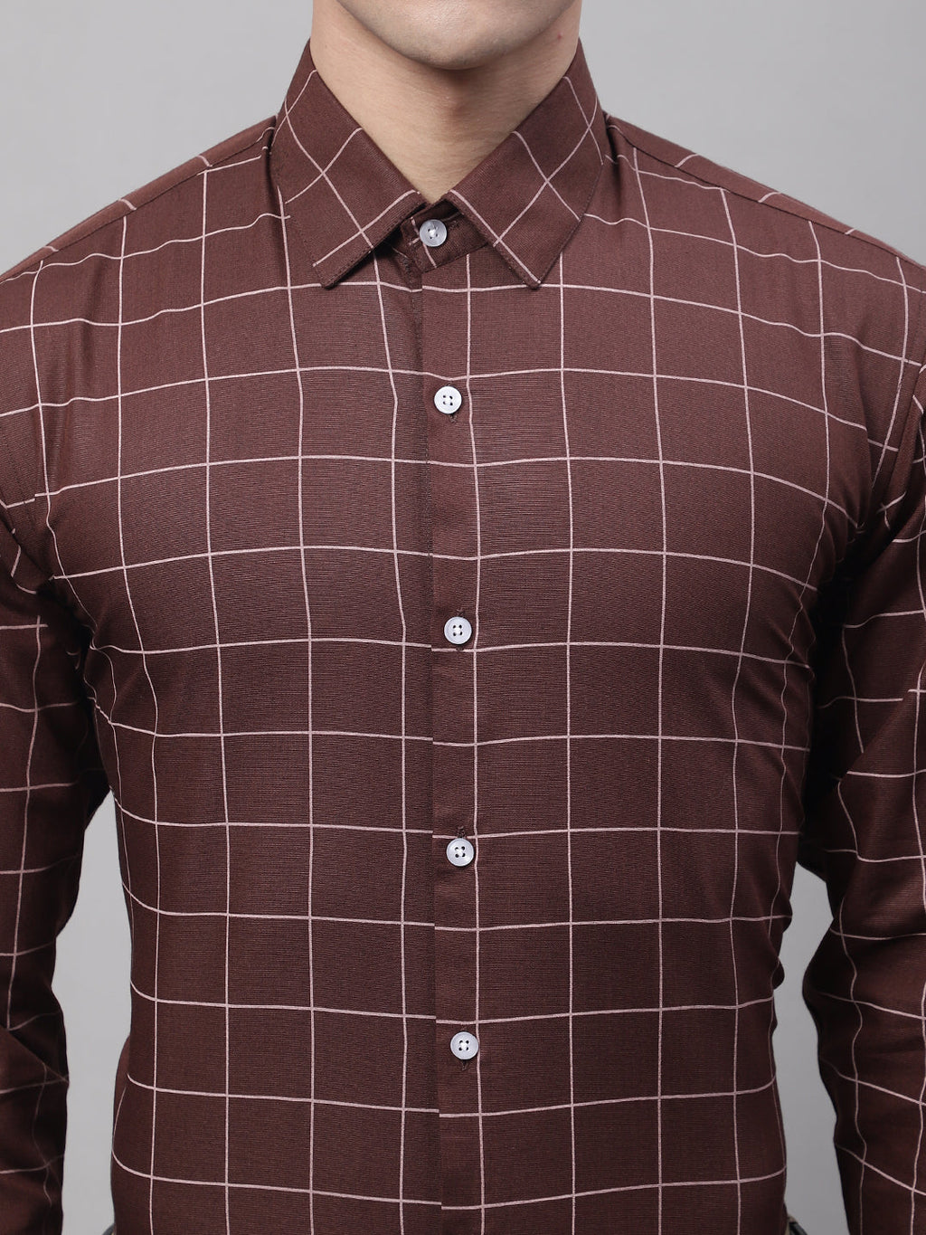 Jainish Men's Brown Cotton Checked Formal Shirt