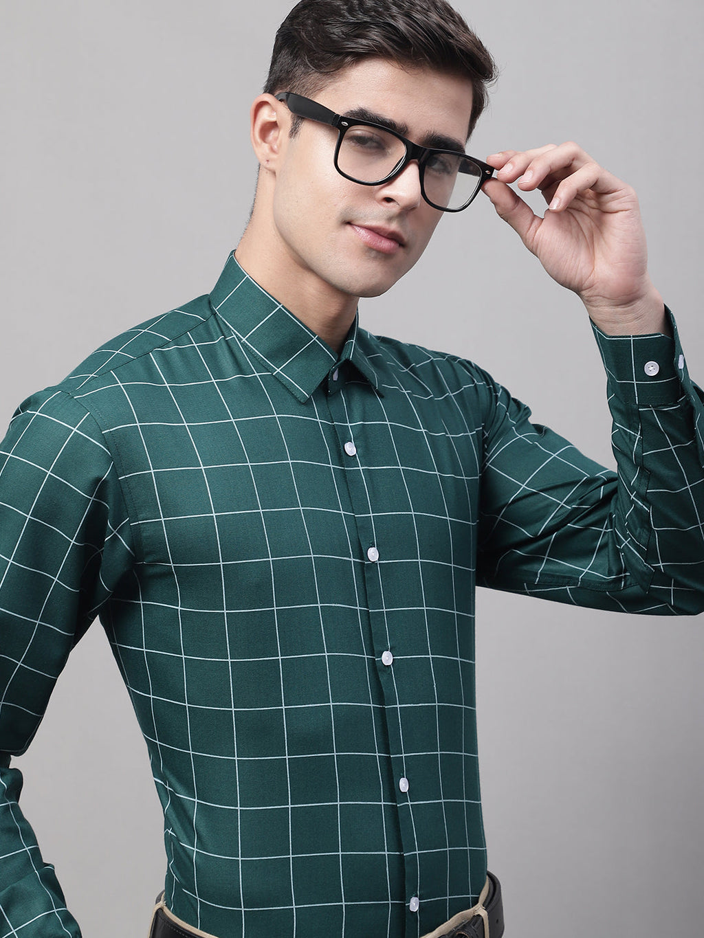Jainish Men's Green Cotton Checked Formal Shirt