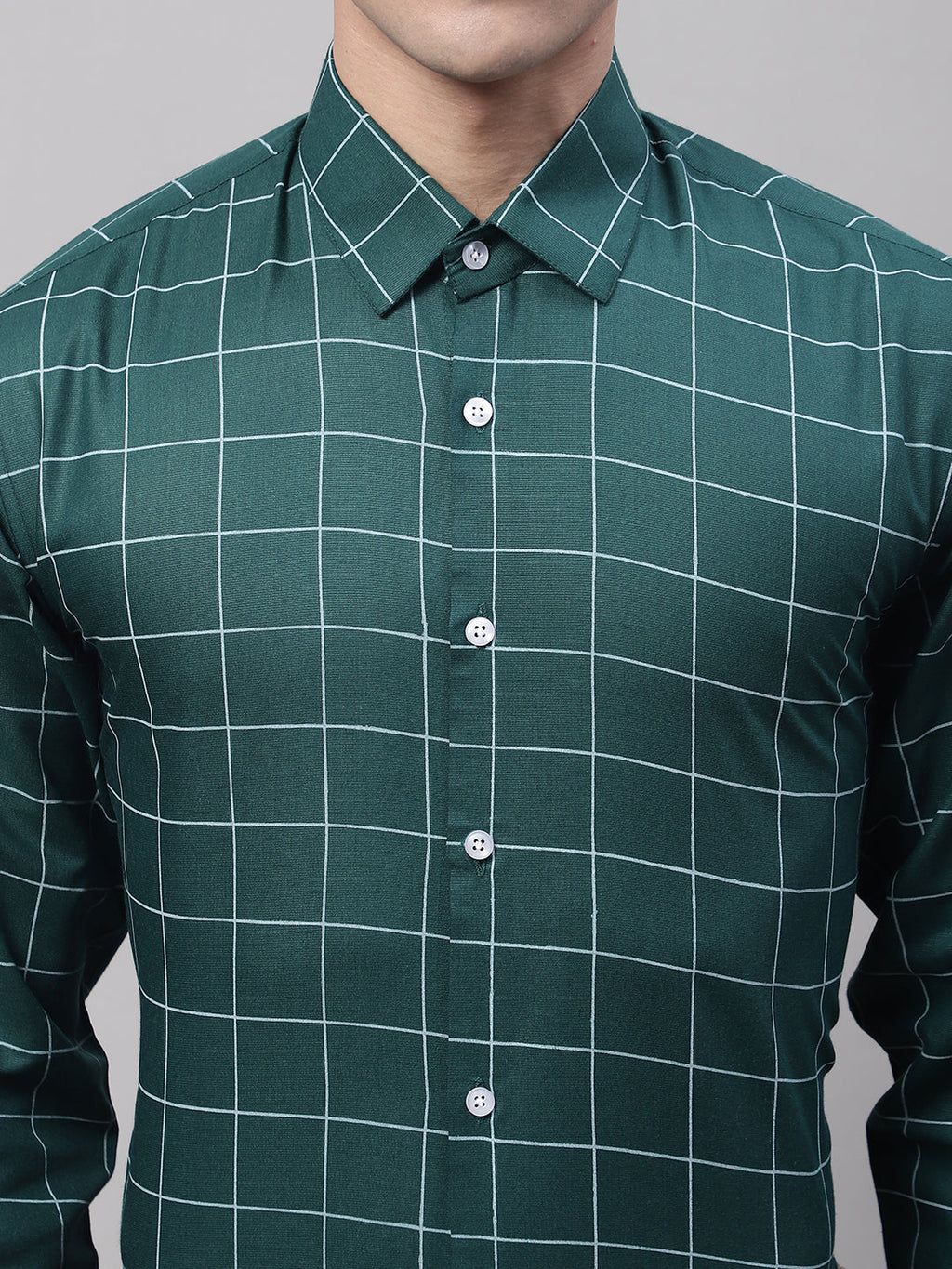 Jainish Men's Green Cotton Checked Formal Shirt