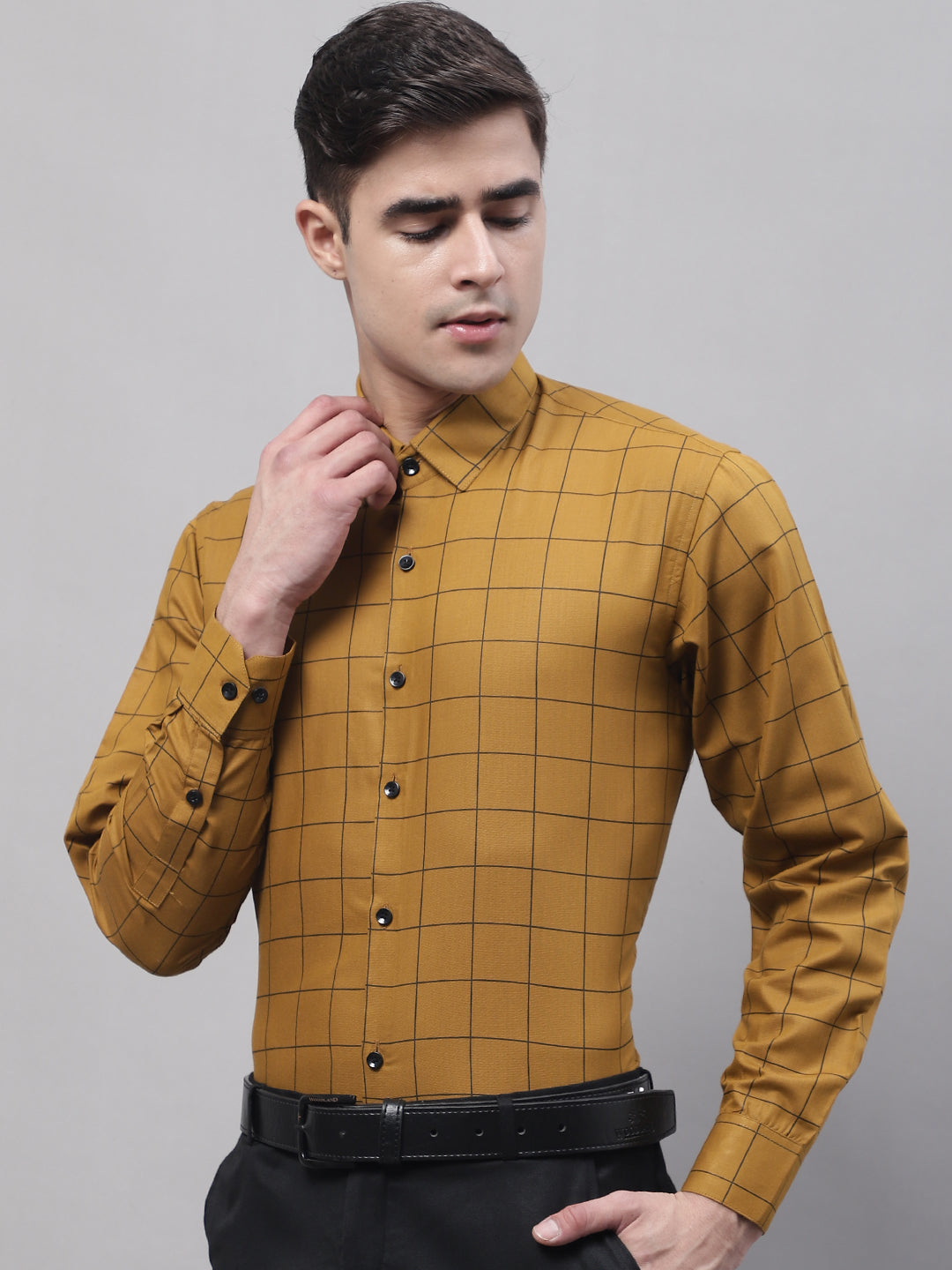 Jainish Men's Mustard Cotton Checked Formal Shirt