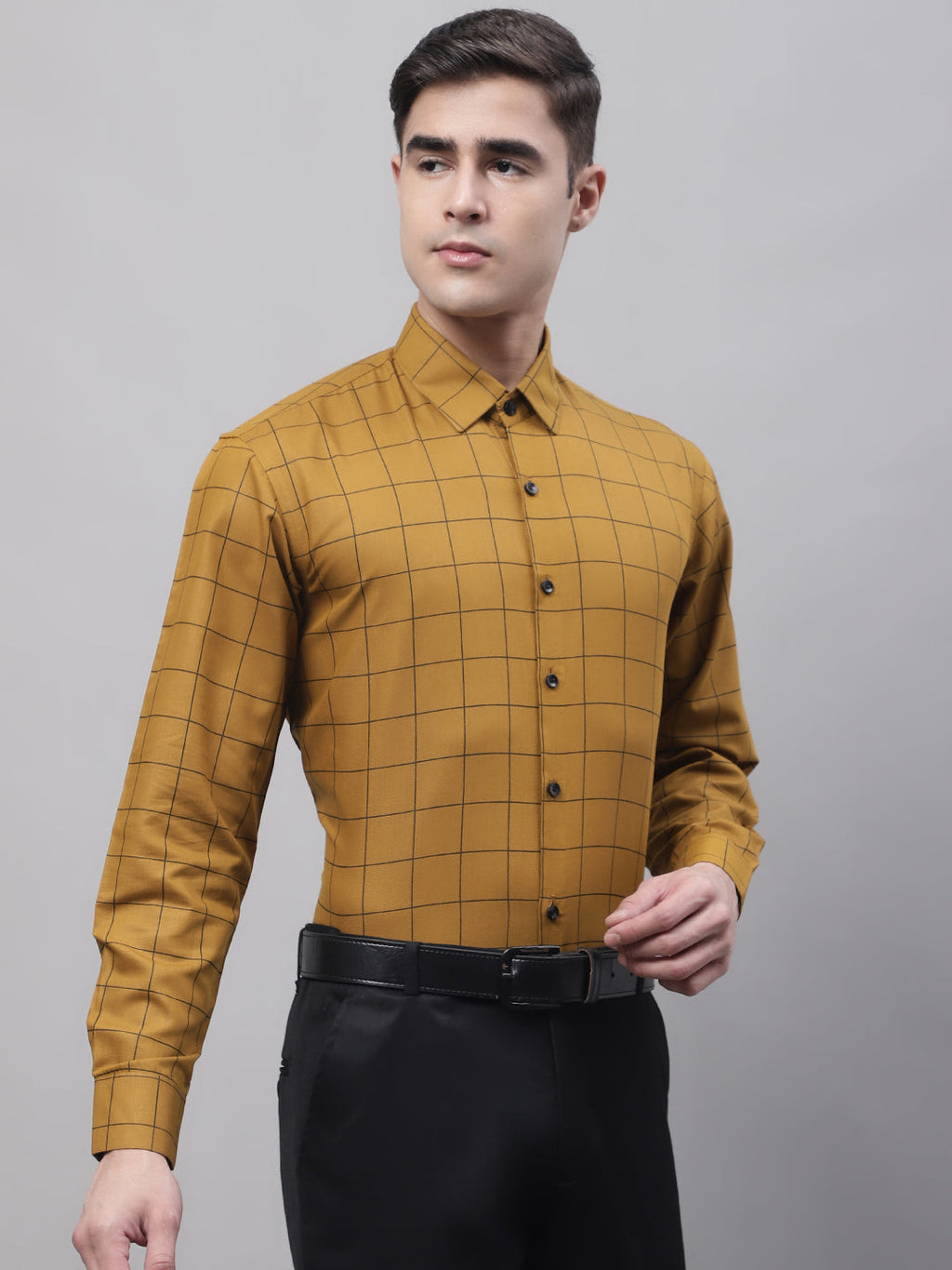 Jainish Men's Mustard Cotton Checked Formal Shirt