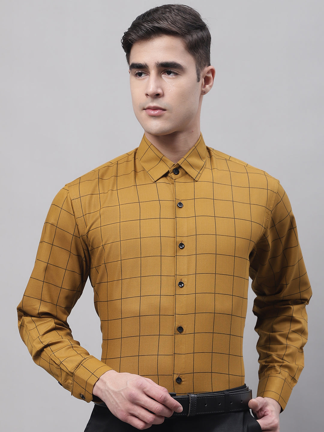 Jainish Men's Mustard Cotton Checked Formal Shirt