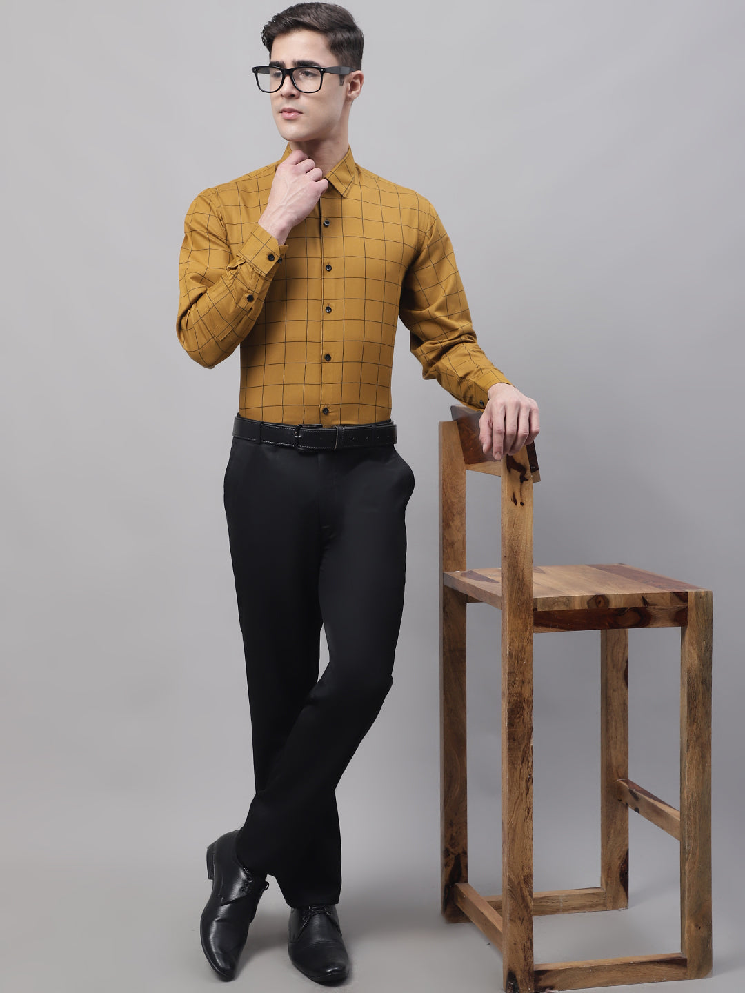 Jainish Men's Mustard Cotton Checked Formal Shirt