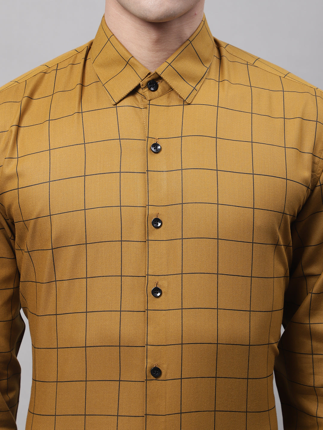 Jainish Men's Mustard Cotton Checked Formal Shirt